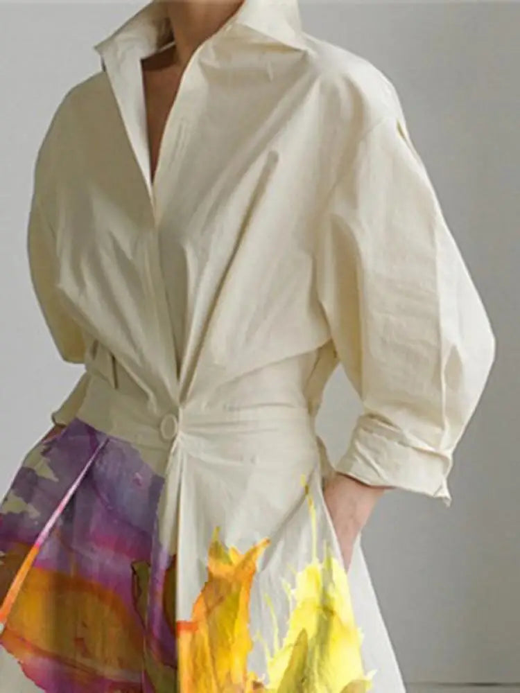 Women's Dress 2025 Spring Summer Flower Printed Lapel Collar Long Sleeves High Waist Pleated Dress Casual A-line Dress
