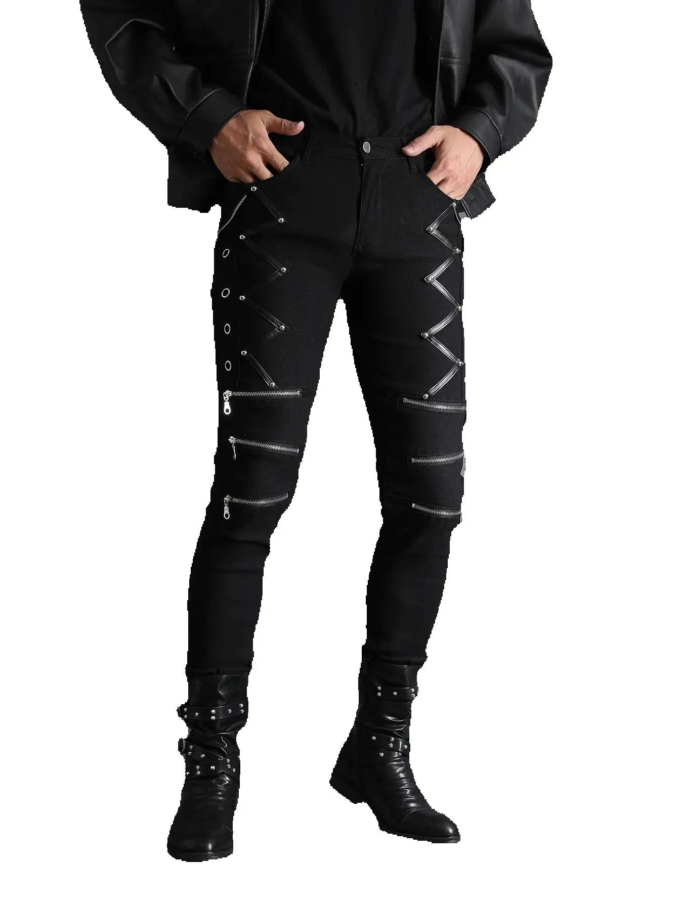 Men's Motorcycle Gothic Steampunk Stylish rock style Zippers studded  Rivet Elastic Stretchy Night Club Denim Jeans Biker Pants