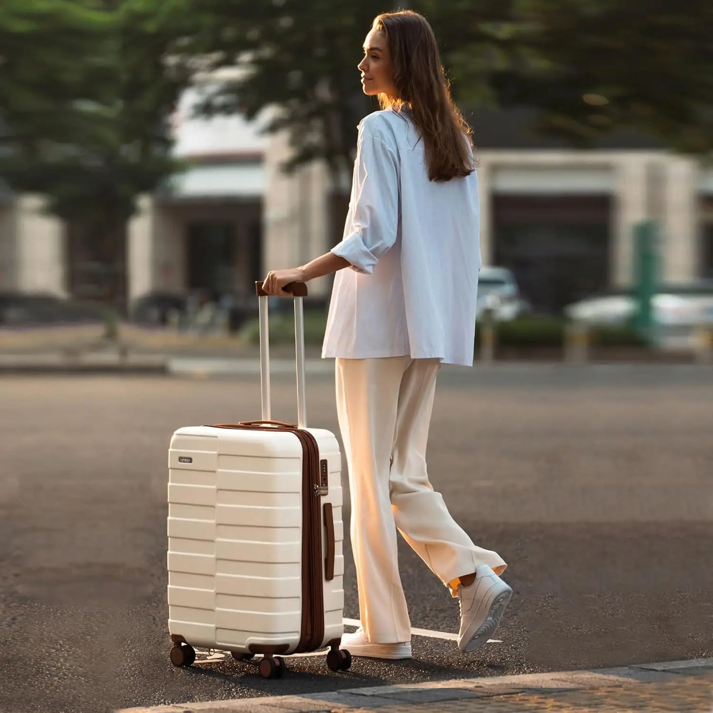 Luggage Hardside Expandable Ultra Durable 100% PC Lightweight Carry On Travel Suitcase SetLock Spinner Wheels, White Brown