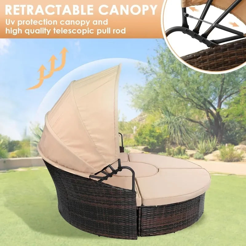 NEW Outdoor Patio Daybed with Retractable Canopy, Wicker Rattan Sectional Round Sofa Furniture Set, 5 Pieces Seating Separates