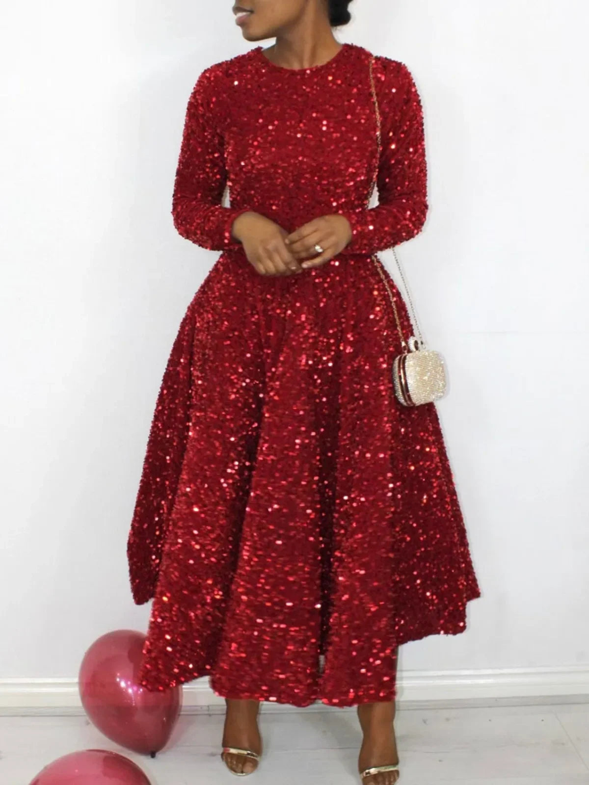 2024 Autumn Winter New Women's Dress Round Neck Long Sleeved Solid Color Sequin High Waist Temperament Mid Length Formal Dress