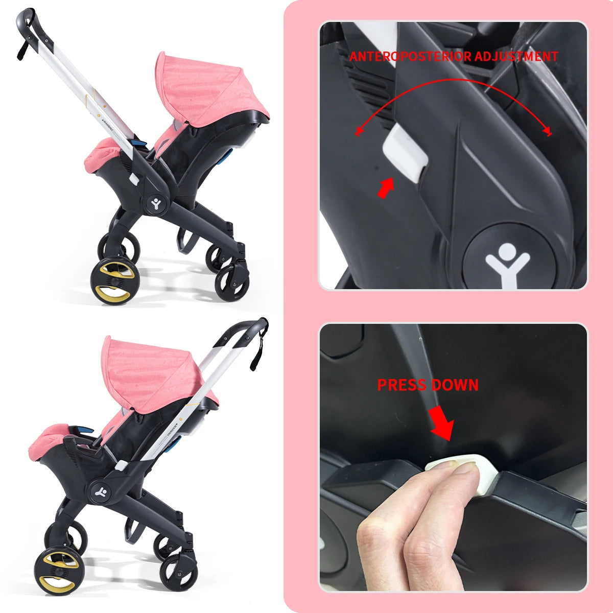 Travel baby stroller, bidirectional push, metal frame, foldable for easy carrying