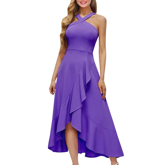 Party dresses for women Elegant halterneck sleeveless sexy evening dress Solid Color Ruffle design long dresses vestidos curtos