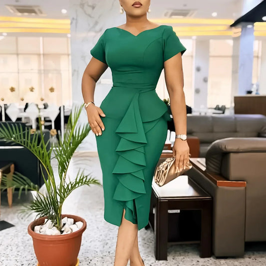 Women V-neck Elegant Short Sleeve Mult Ruffles Midi Dress Autumn OL Work Pencil Streetwear Africa Club Dresses Vestidos