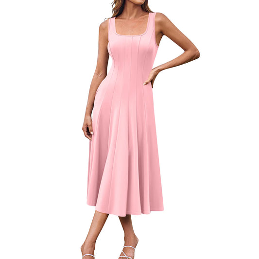 Women's Elegant solid color dress Spring Summer Casual Fashion long dresses Round Neck Sleeveless Side Pocket Midi Dress