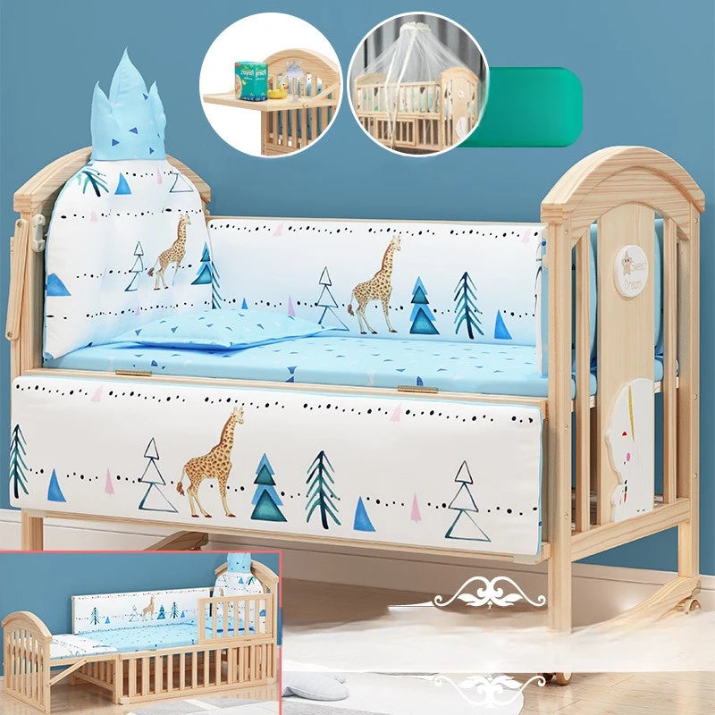 Comfortable Baby Bed,Solid Wood,Movable,with Diaper Changing Table and Mosquito Net,Multifunctional Baby Bed, Adjustable Height
