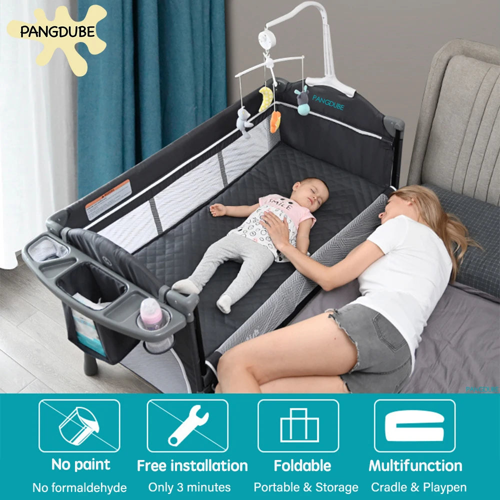 PANGDUBE 4-in-1 Baby Crib Multifunctional Convertible Bed with Rocker & Baby Playpen Newborn Changing Table Foldable Travel Cot