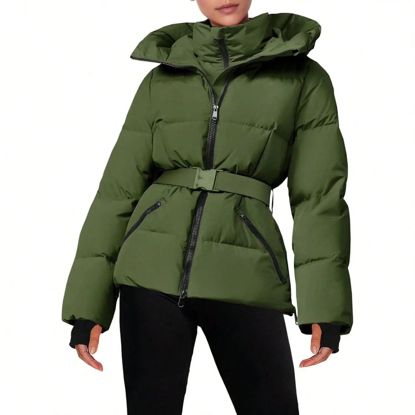 Fisoew women's Belted Puffer Jacket, Women's Waterproof Ski Coat With Hood, Quilted Winter Snowsuit Aesthetic