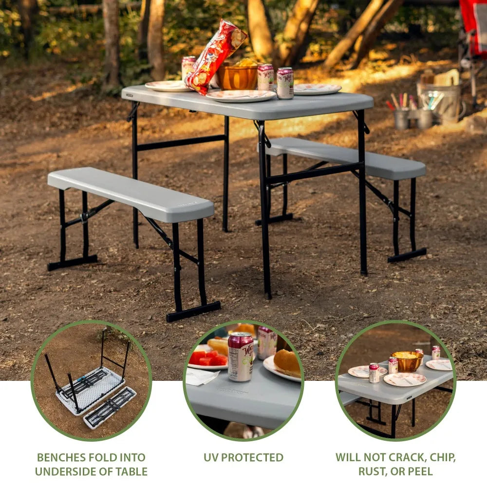 42" Table with Benches (HDPE & Powder Coated Steel). Boulder Gray