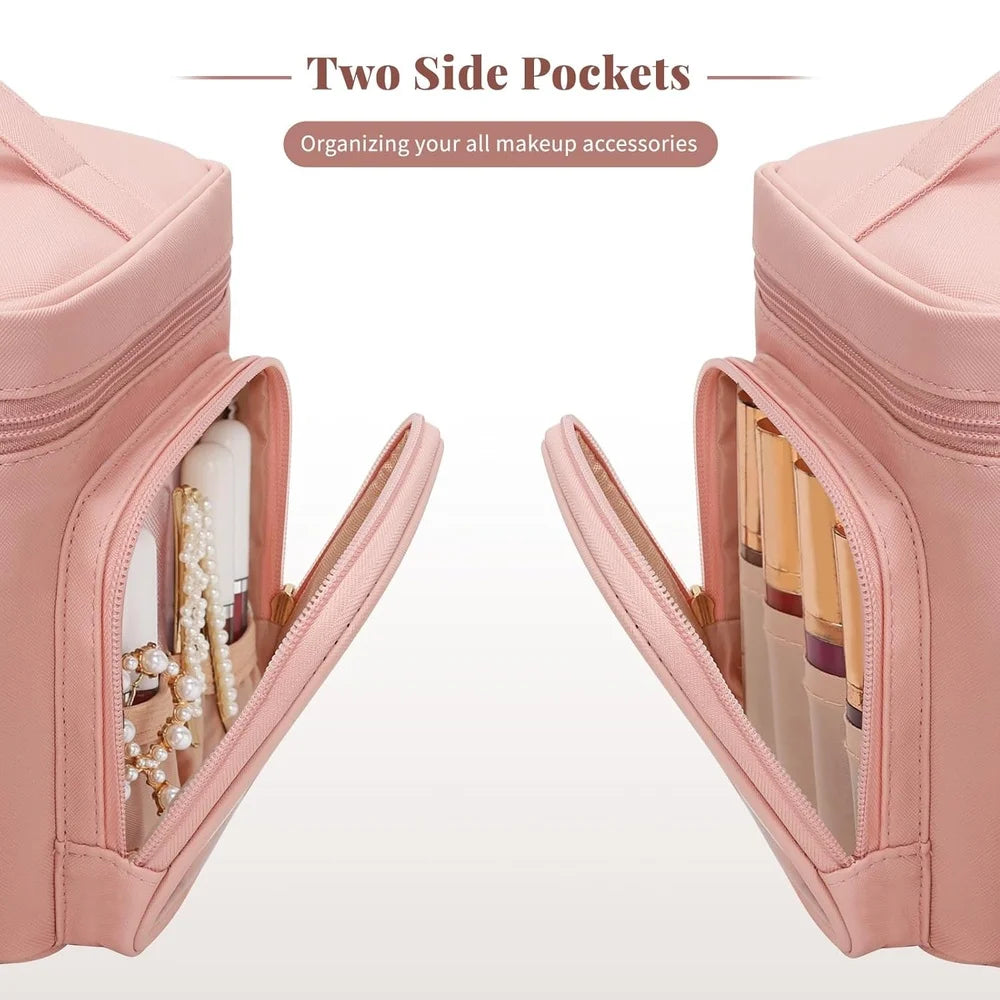 Large Portable Makeup Bag Organizer with Brush Compartment Travel Cosmetic Storage Waterproof Pockets Women and Girls