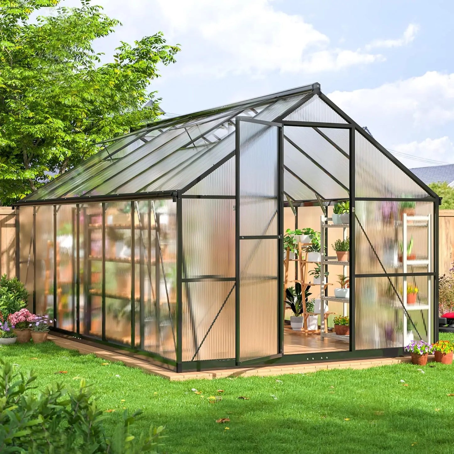 8x12 FT Greenhouse for Outdoors, Quick Setup Polycarbonate Greenhouse with Roof Vent,