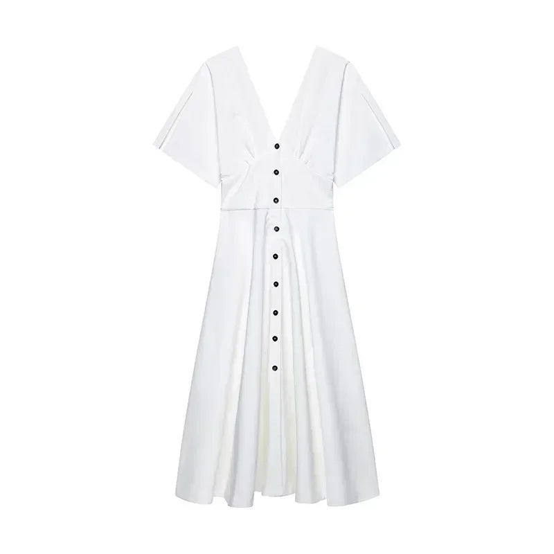 Elegant Single Breasted Long Dress Women White V-Neck Short Sleeve Female Party A-line Dresses 2025 Summer Lady Vacation Robes