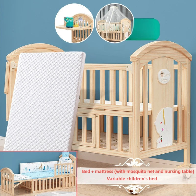 Comfortable Baby Bed,Solid Wood,Movable,with Diaper Changing Table and Mosquito Net,Multifunctional Baby Bed, Adjustable Height