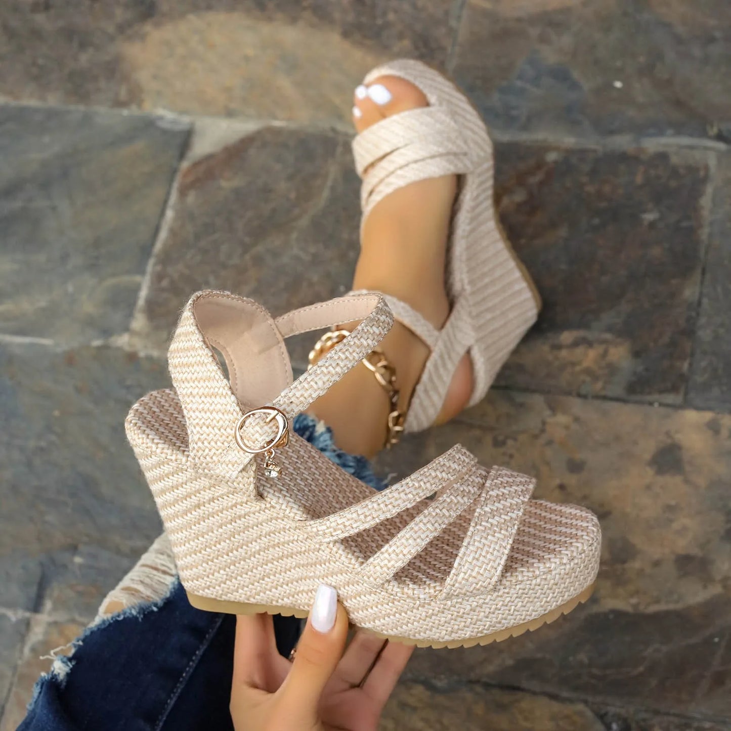 Elegant Woman Heeled Shoes Summer Foreign Trade New Platform Platform Wedge Sandals Women'S Denim Buckle Beach Women'S Sneaker