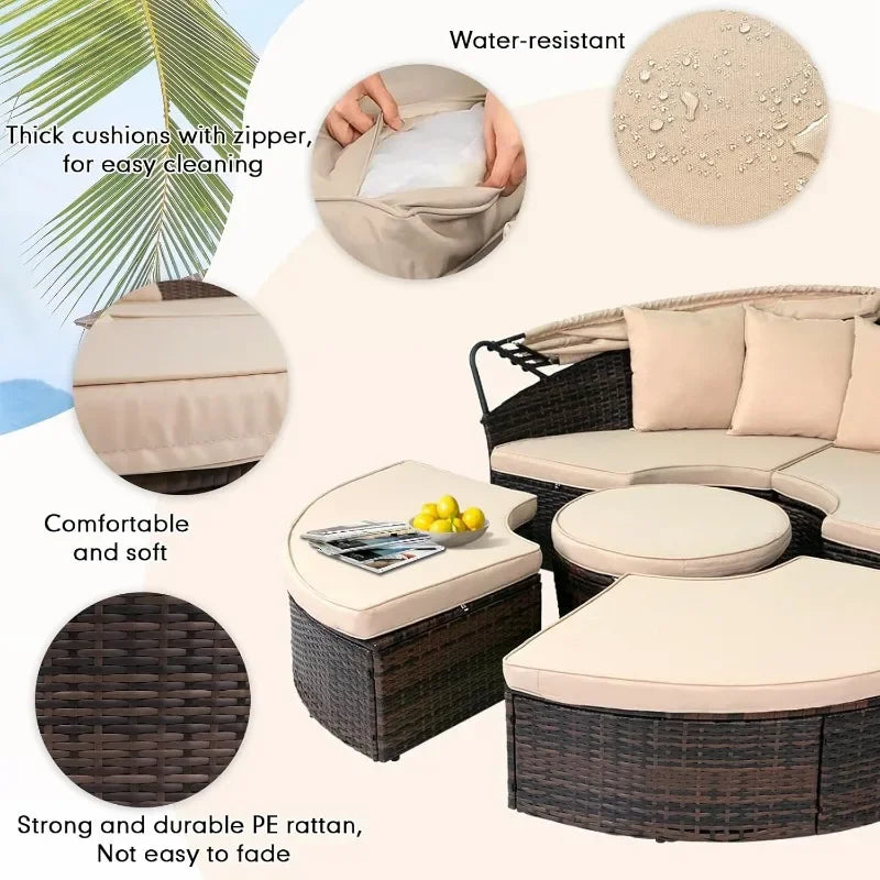 NEW Outdoor Patio Daybed with Retractable Canopy, Wicker Rattan Sectional Round Sofa Furniture Set, 5 Pieces Seating Separates