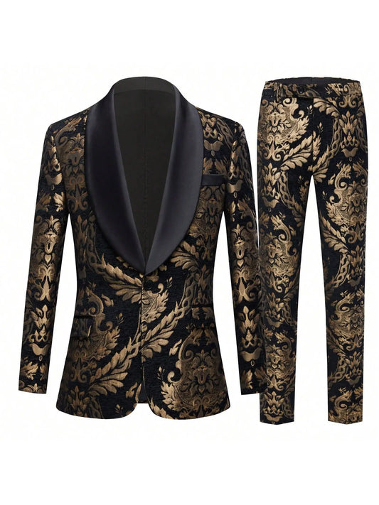 Mens Suit Jacquard Silm Fit 2-Piece Shawl Lapel Tuxedo Wedding Party Prom Suit Set