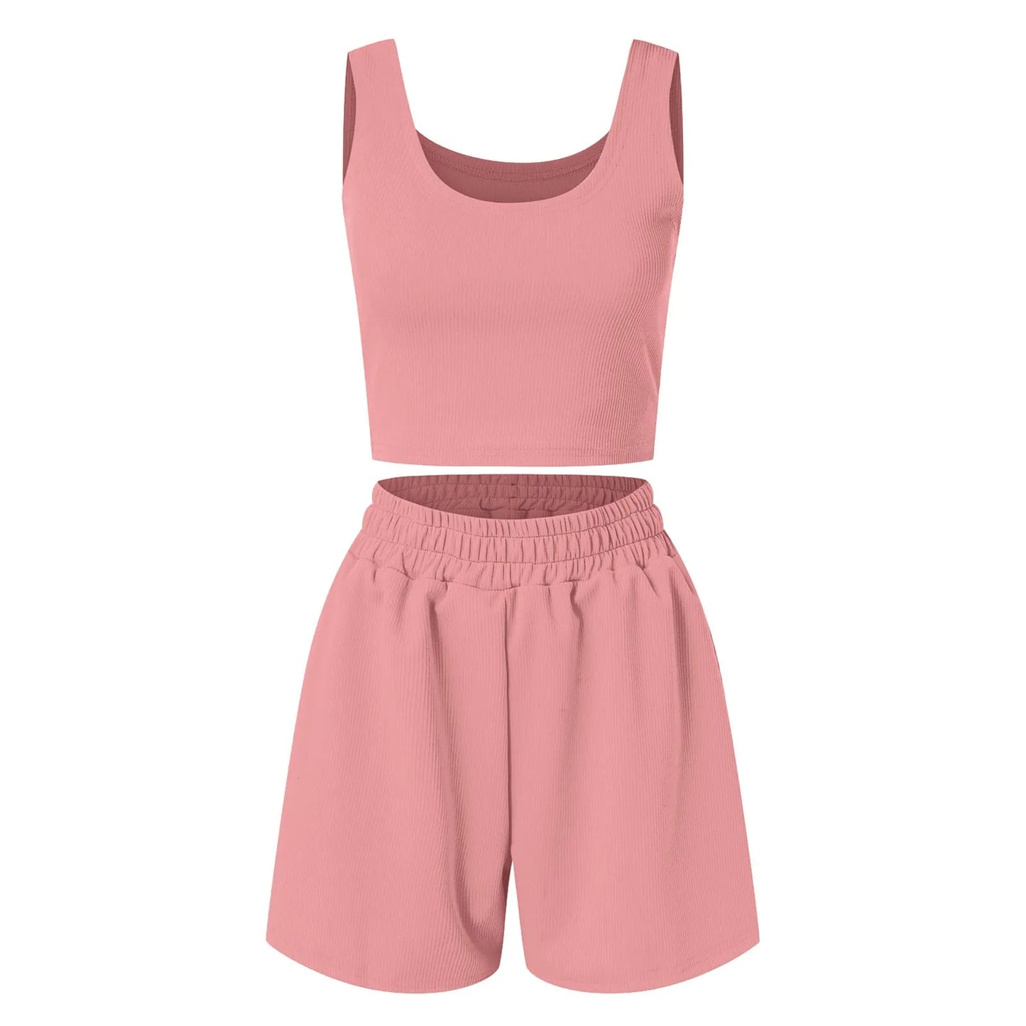 Two Piece Outfits Women Summer Shorts Sets Sleeveless Crop Top And High Waist Shorts 2 Piece Outfit Soild-Color Casual Set