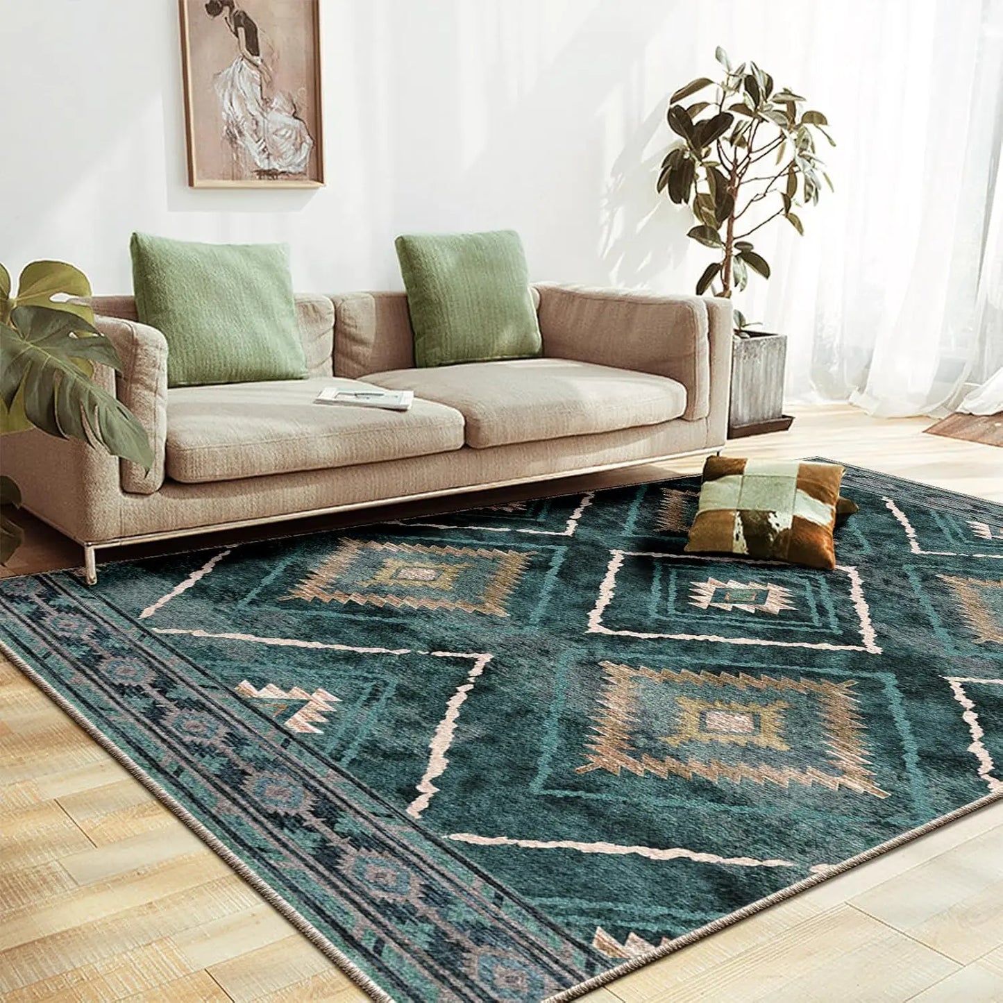 6x9 Area Rug Machine Washable Non-Slip Low Pile Print Pattern Western and Aztec Rug for Living Room Bedroom