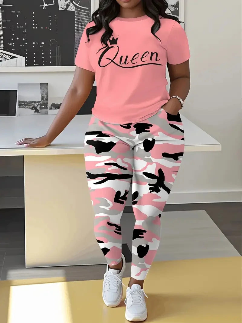 Plus Size Women's Casual Suit, Fashion Letter Print Camouflage Pants Two-Piece Set