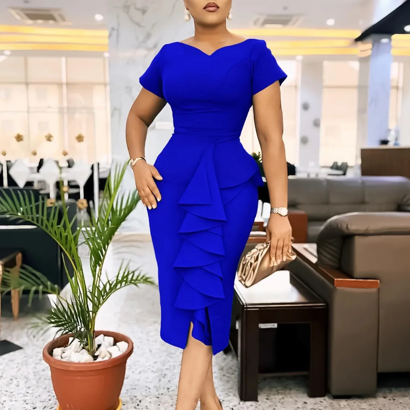 Women V-neck Elegant Short Sleeve Mult Ruffles Midi Dress Autumn OL Work Pencil Streetwear Africa Club Dresses Vestidos