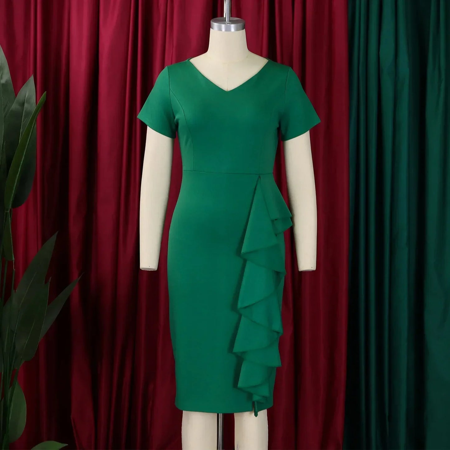 Women V-neck Elegant Short Sleeve Mult Ruffles Midi Dress Autumn OL Work Pencil Streetwear Africa Club Dresses Vestidos