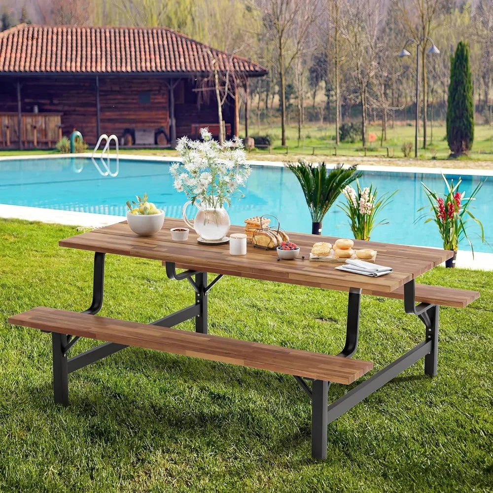 Picnic Table Bench Set for 6 or 4 Persons, 6FT Large Camping Table, Acacia Wood Outdoor Dining Table Set with 2” Umbrella Hole