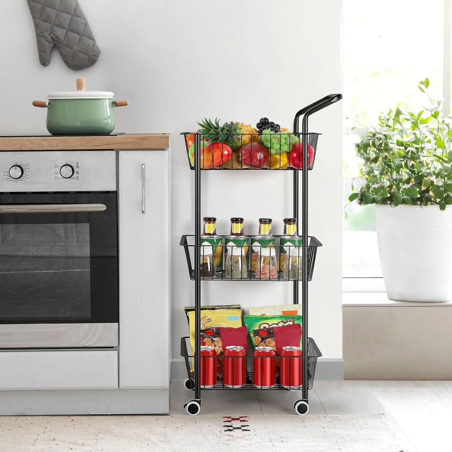 Metal 3-Tier Rolling Kitchen Cart | Multi-Purpose Storage with Handle & Basket | Living/Dining/Laundry Utility Cart, Black