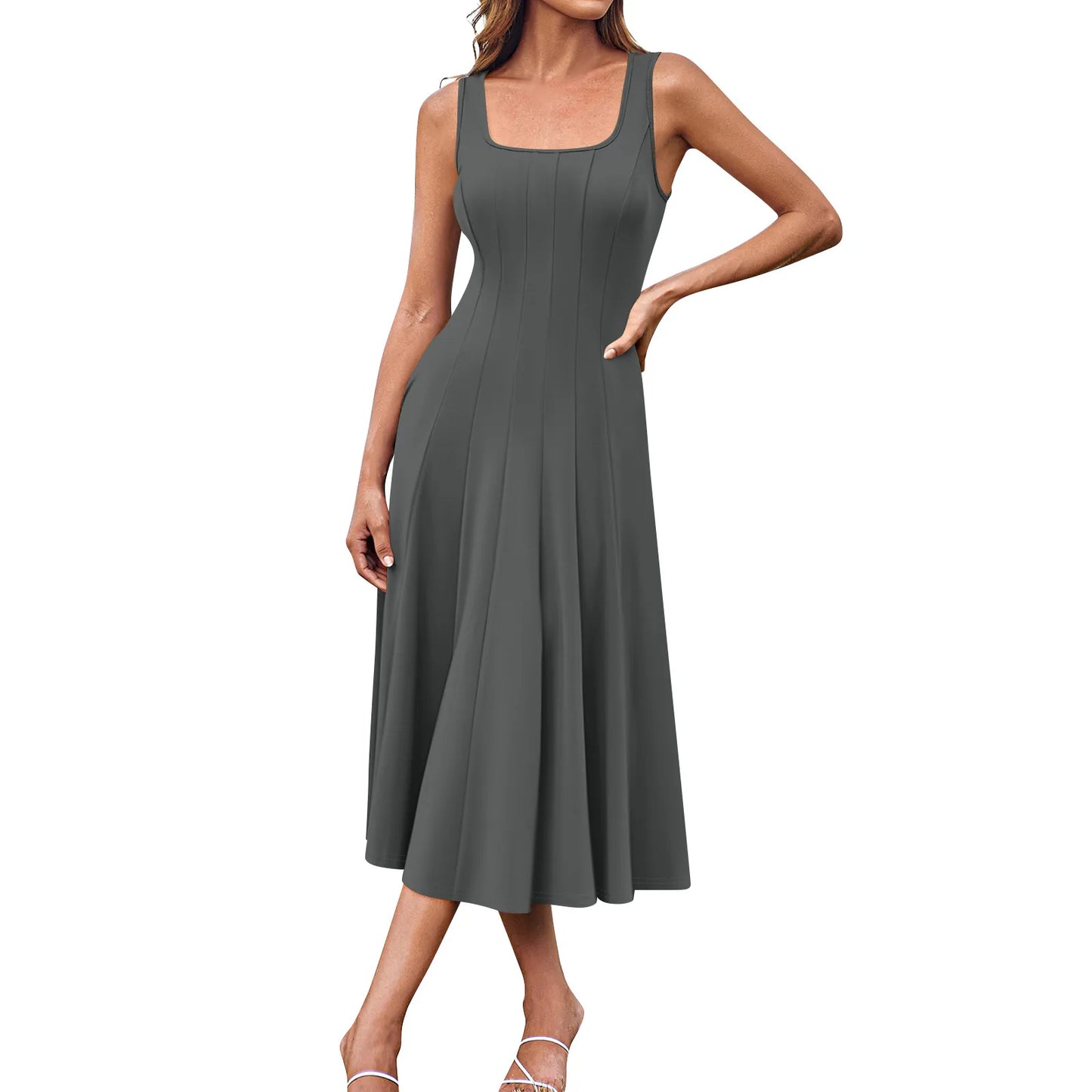 Women's Elegant solid color dress Spring Summer Casual Fashion long dresses Round Neck Sleeveless Side Pocket Midi Dress