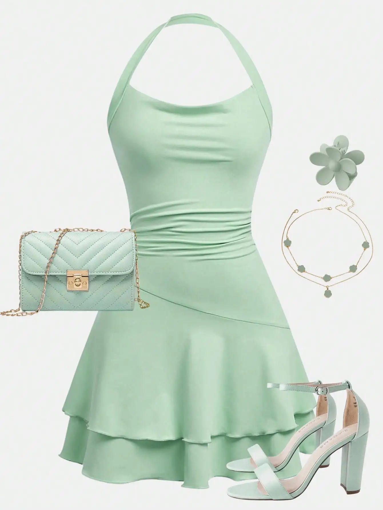Pink Halter Neck Ruffle Hem Skater Dress for Teen Girls