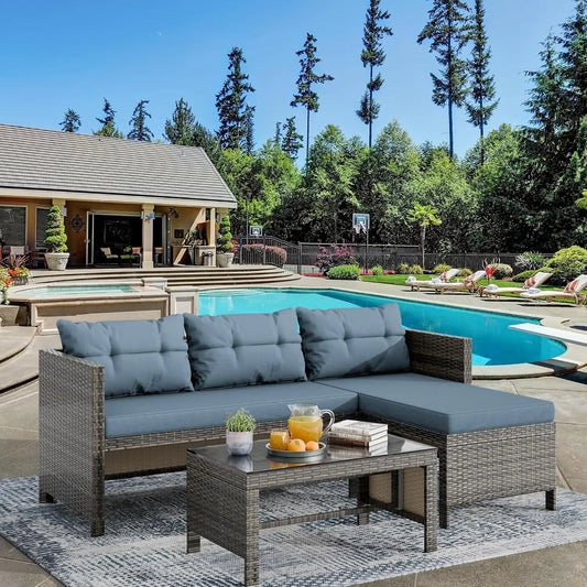 Outdoor Patio Furniture, 3-Piece Waterproof Outdoor Sectional Sofa All-Weather L Shaped Patio Couch with Cushion Glass Table