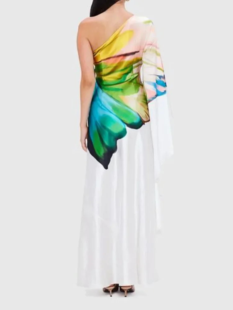 Female Stylish Flower Print One-Shoulder Party Evening Maxi Dresses 2025 New Asymmetric High Waist A-line Long Dress