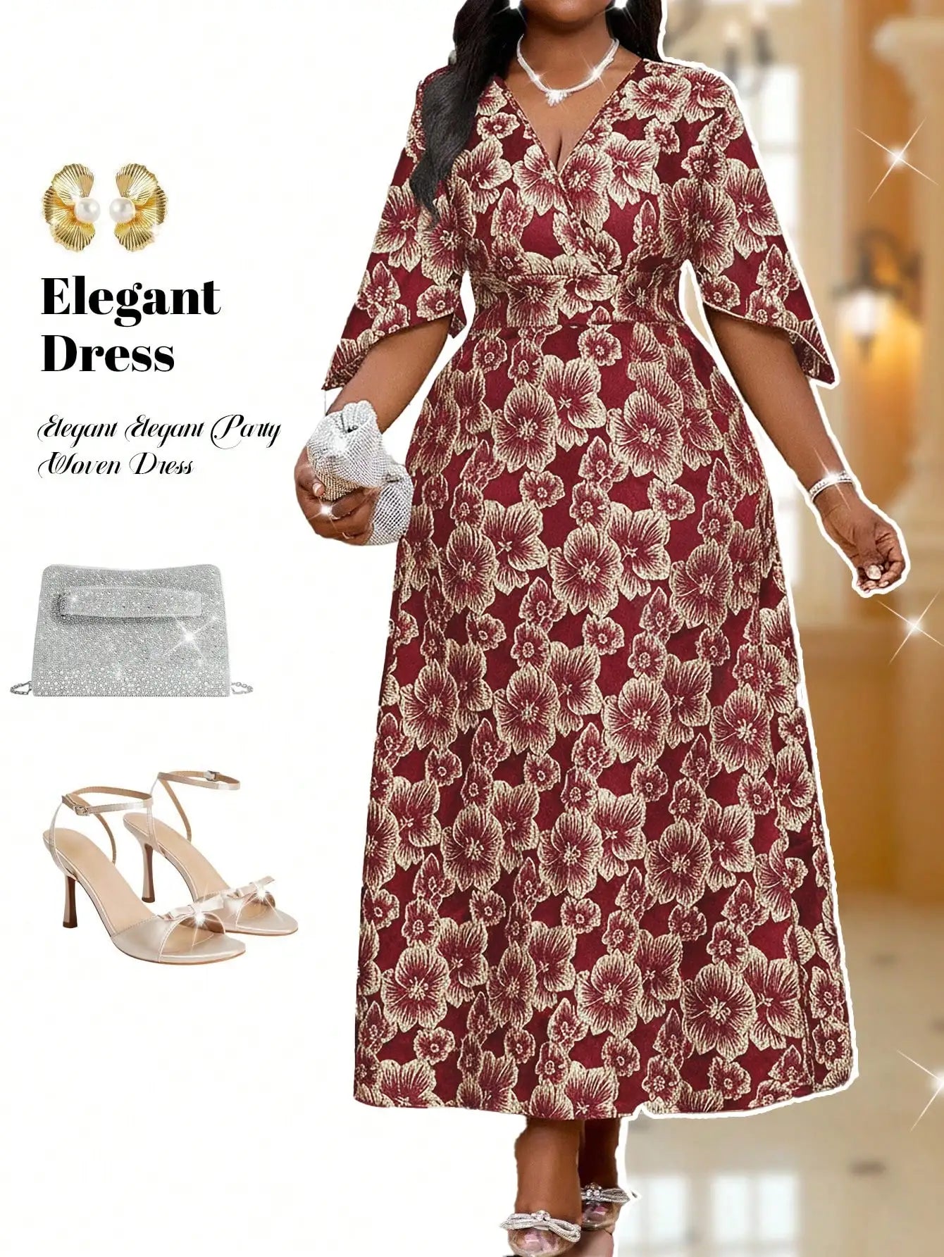 2025 Plus Size V-Neck Floral Gold Embroidered Midi Dress for Party & Christmas