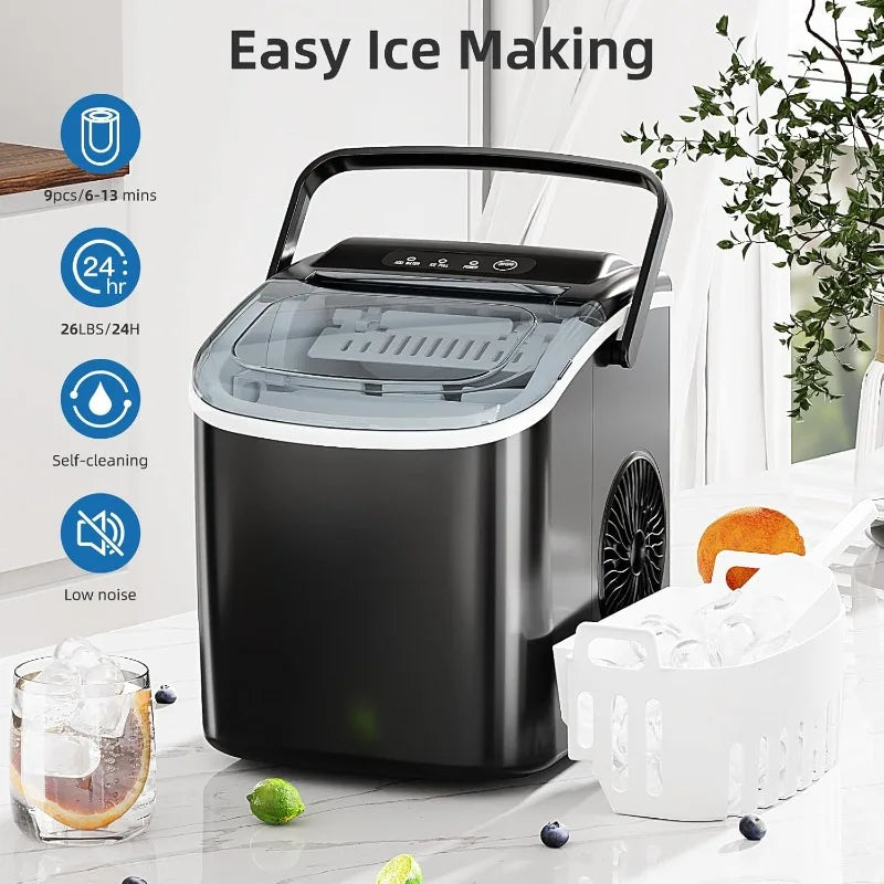 Ice Maker Countertop, Portable Ice Machine with Carry Handle, Self-Cleaning Ice Makers with Ice Scoop and Basket for Kitchen