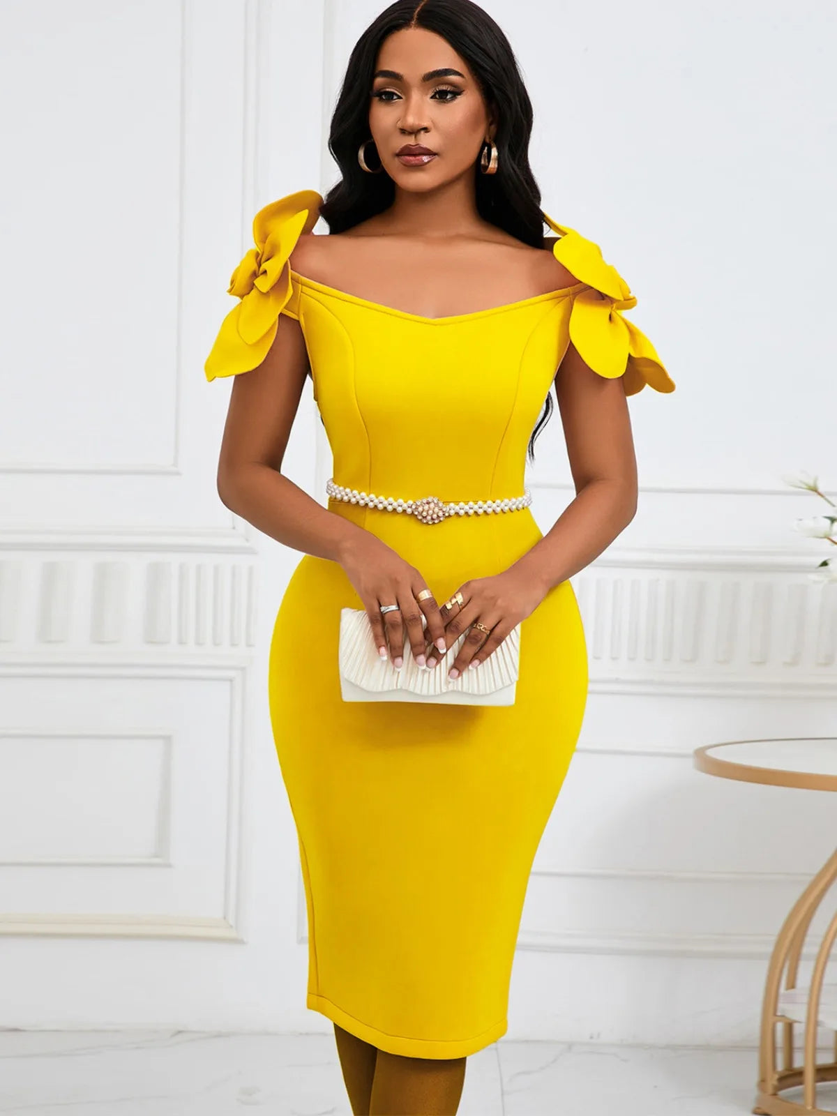 Sexy Slim Solid Color Evening Dress for Women 3D Flower Elegant Temperament Dress Belt Banquet Buttocks Wrapped Skirt 2024 New