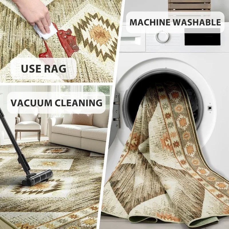 6x9 Area Rug Machine Washable Non-Slip Low Pile Print Pattern Western and Aztec Rug for Living Room Bedroom