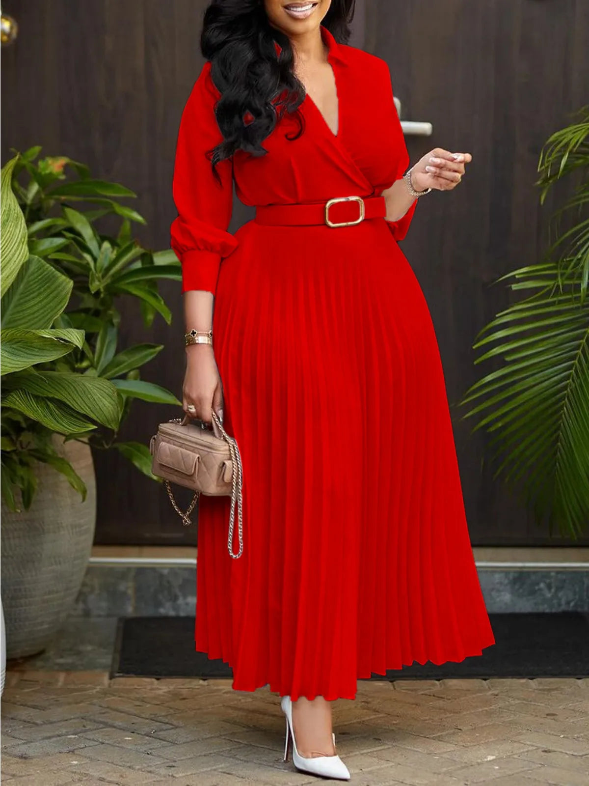 2024 Autumn Winter New Women's Dress Fashionable Collar Long Sleeved High Waisted Temperament Pleated Solid Color African Dress