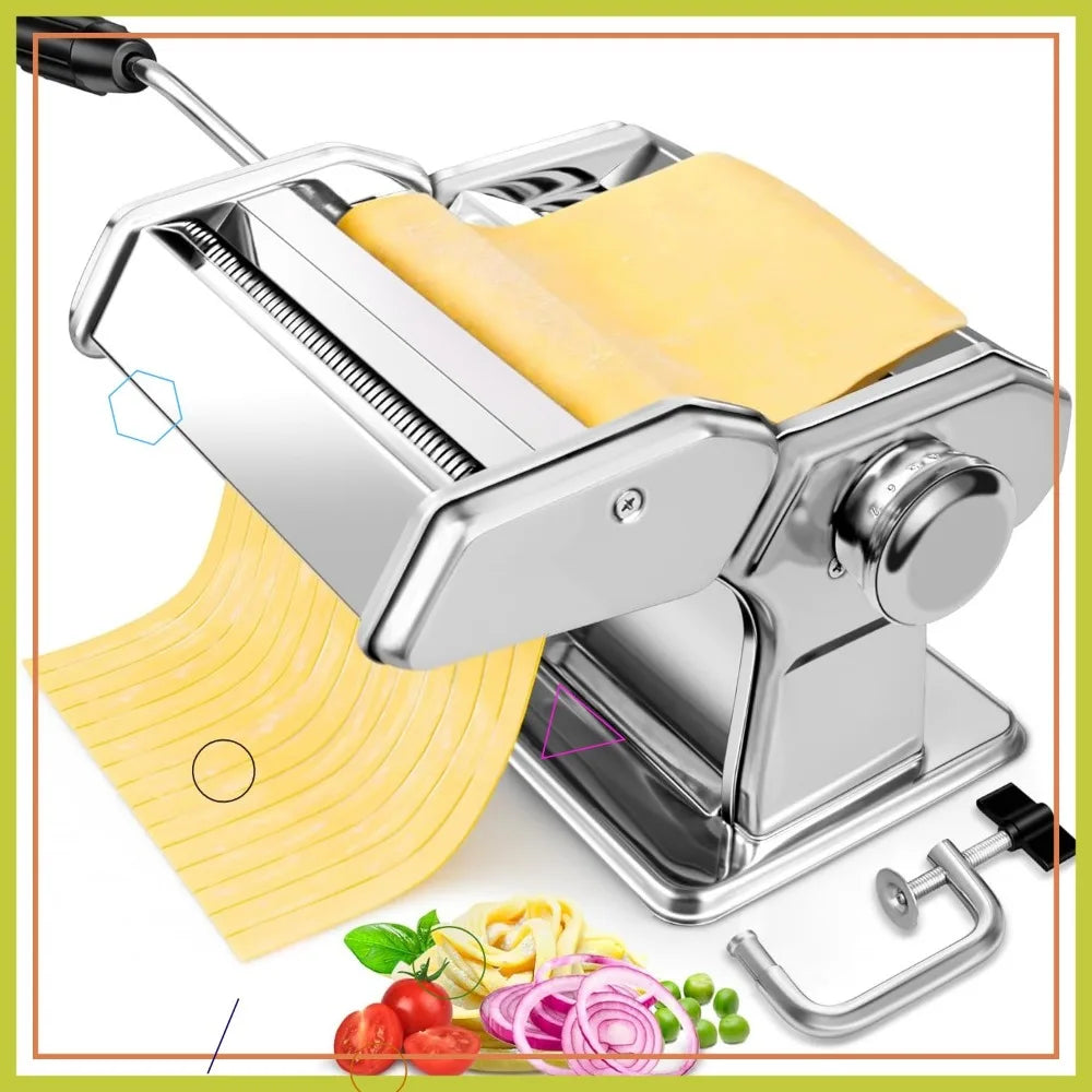 Stainless Steel Pasta Machine with 7 Thickness Settings, 2-in-1 Cutter for Homemade Spaghetti, Fettuccine, Ravioli