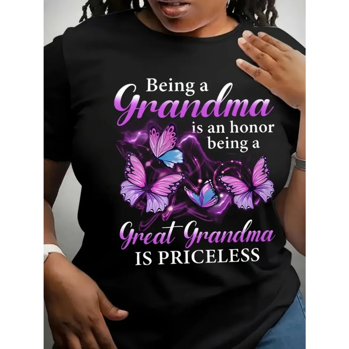 Women's Short Sleeved Grandmother Butterfly Print T-shirt Round Neck Suitable for All Seasons Casual Cotton Top Women Clothes