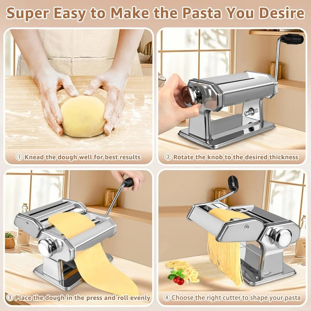 Stainless Steel Pasta Machine with 7 Thickness Settings, 2-in-1 Cutter for Homemade Spaghetti, Fettuccine, Ravioli