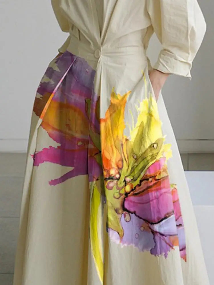 Women's Dress 2025 Spring Summer Flower Printed Lapel Collar Long Sleeves High Waist Pleated Dress Casual A-line Dress