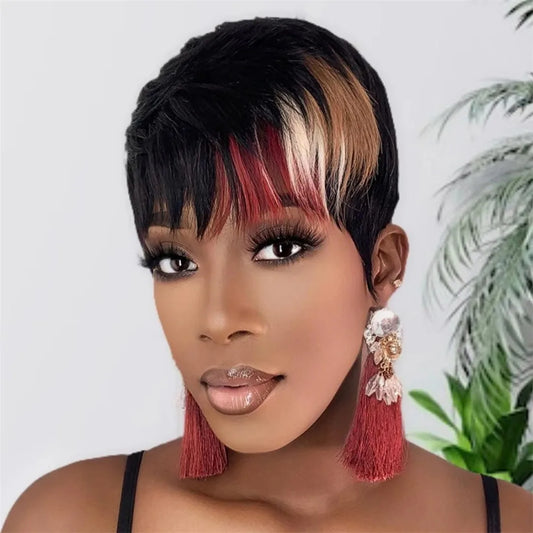 Short Pixie Cut Wig for Women Human Hair Full Machine Made Wigs with Bangs Multi Color Brazilian Virgin Hair Short Wigs