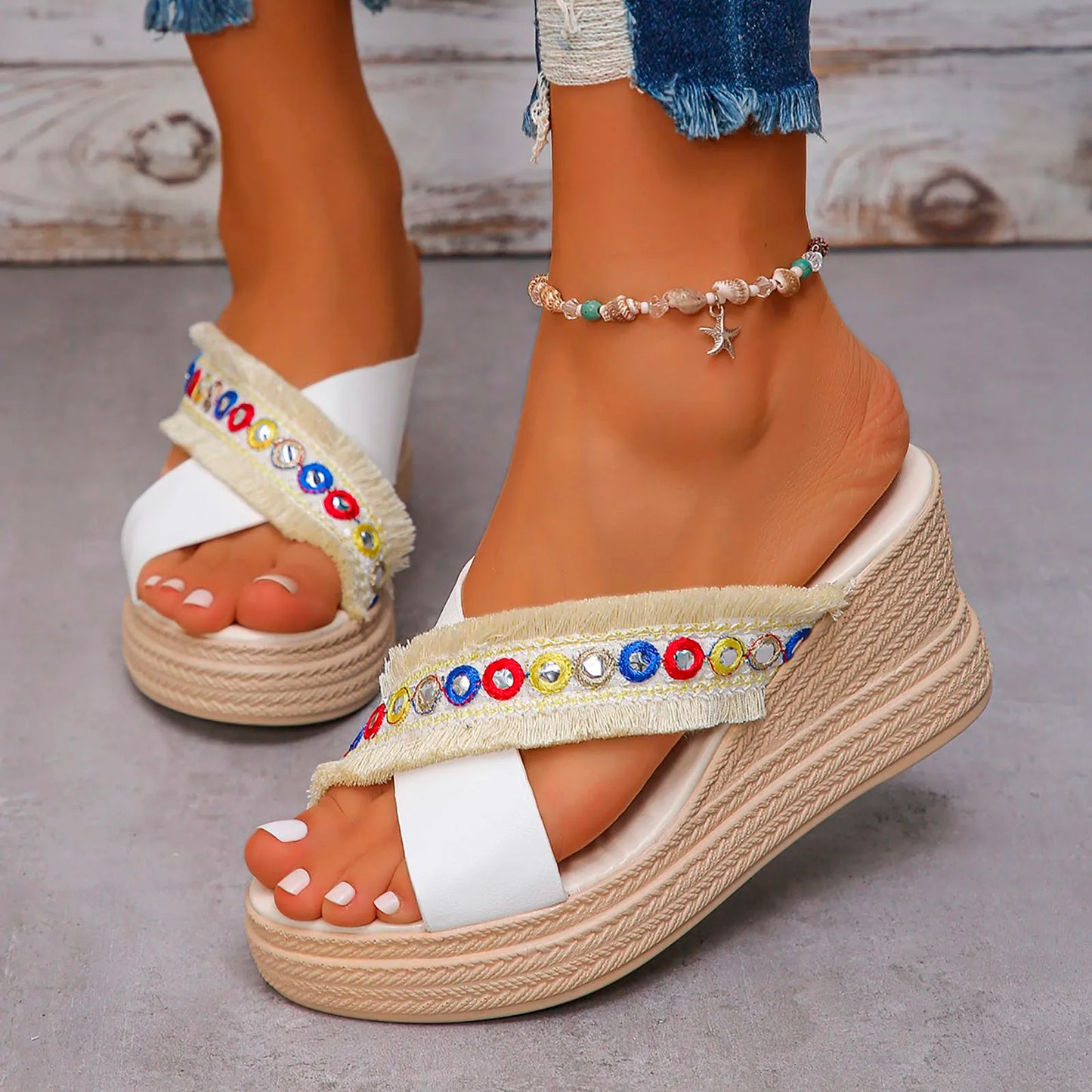 Women's Summer Sandals Fashion Woven Ethnic Open Toe Wedge Slippers Casual Comfortable Beach Slippers Ladies Slide Zapatos Mujer
