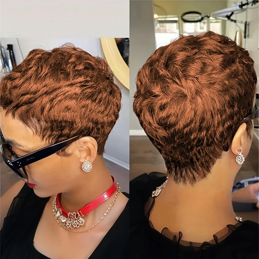 6inch Short Pixie Cut Straight Wig 100% Human Hair for Women Machine Made with Pre-Styled Bangs Tangle-Free Natural Hairline