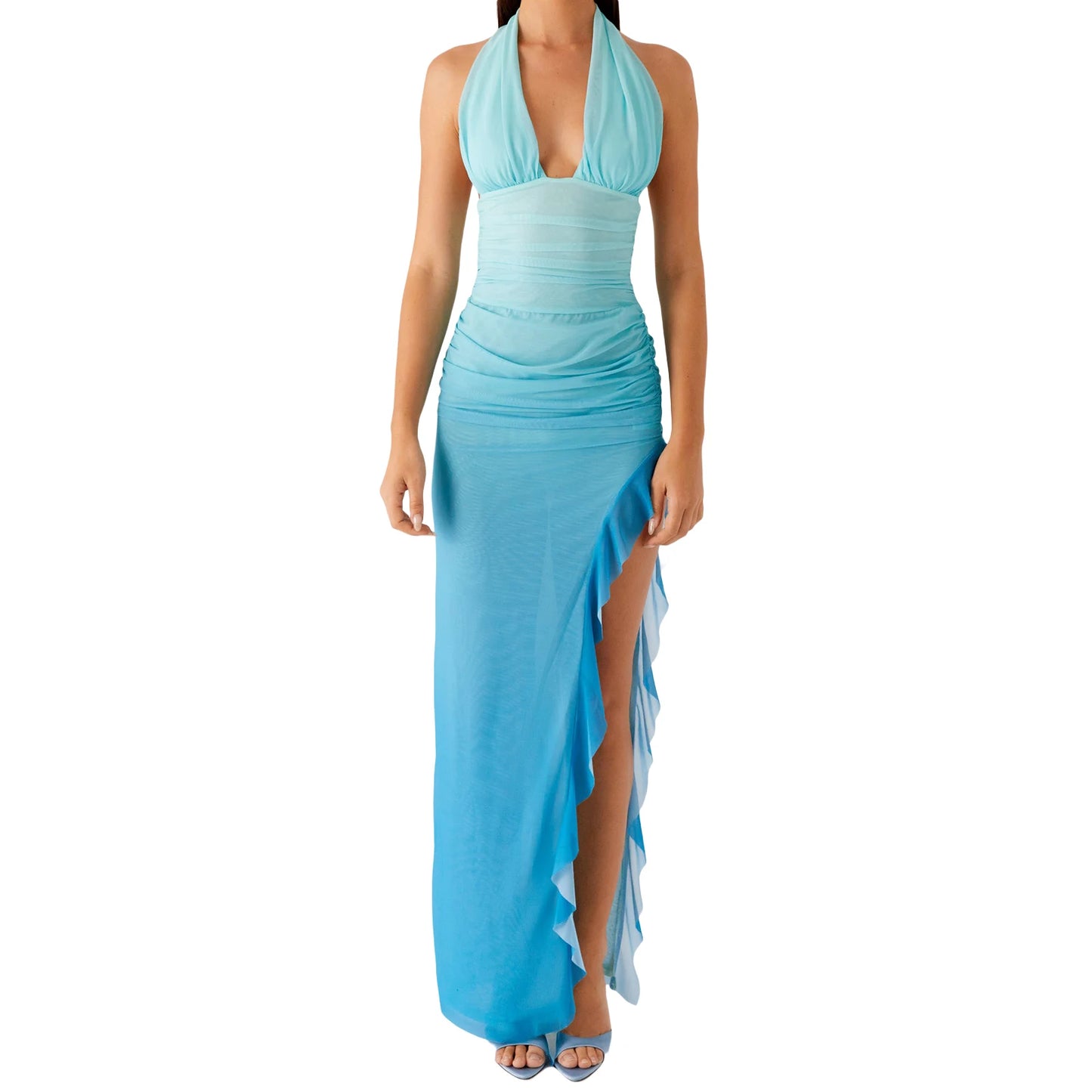 Elegant Off Shoulder Maxi Dress with Ruffle Detail and Slit Sleeveless Floral Print Bodycon Evening Gown for Women