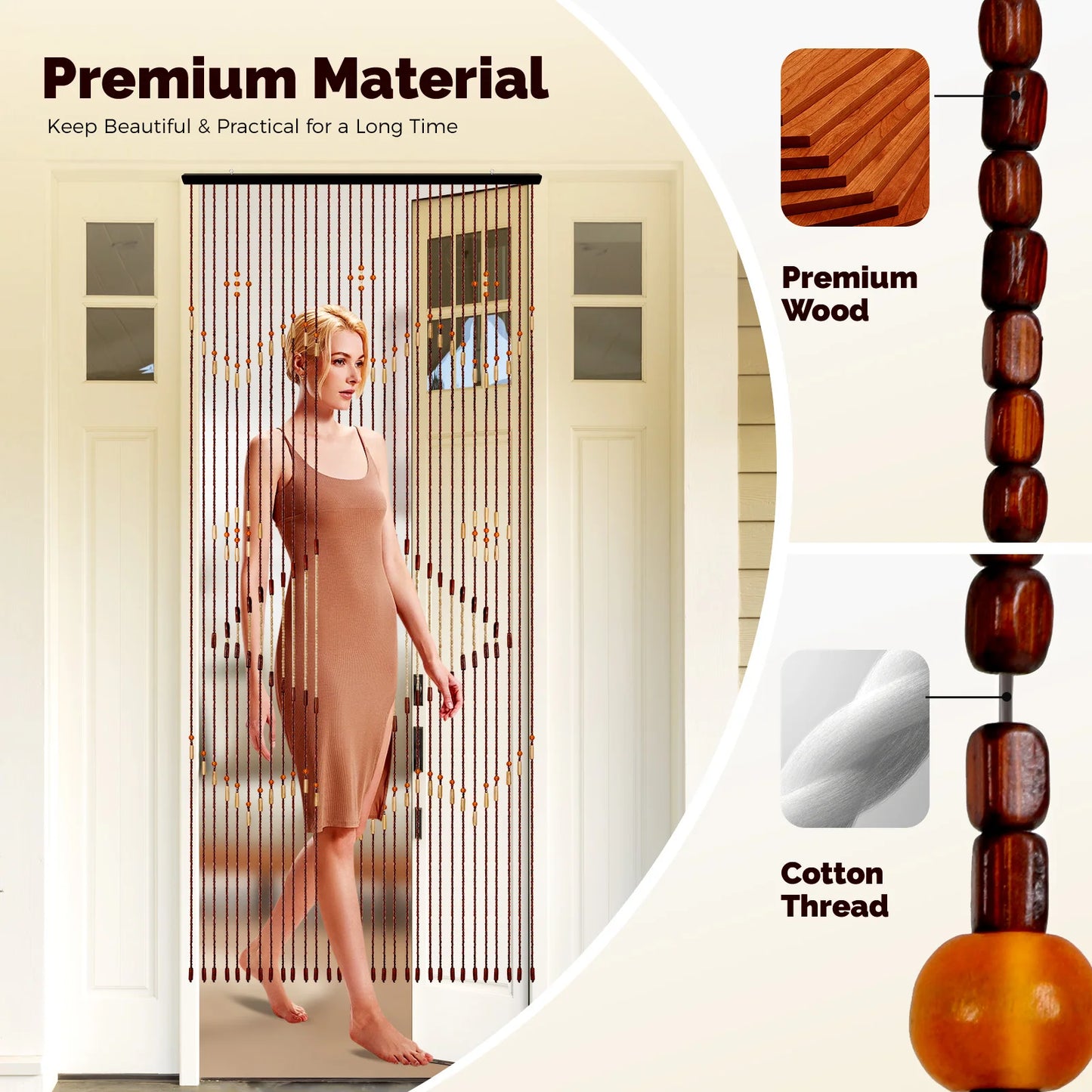 90x208cm 31 Line Retro Wooden Bead Curtain Blinds Door Curtain For Porch Bedroom Living Room Bathroom