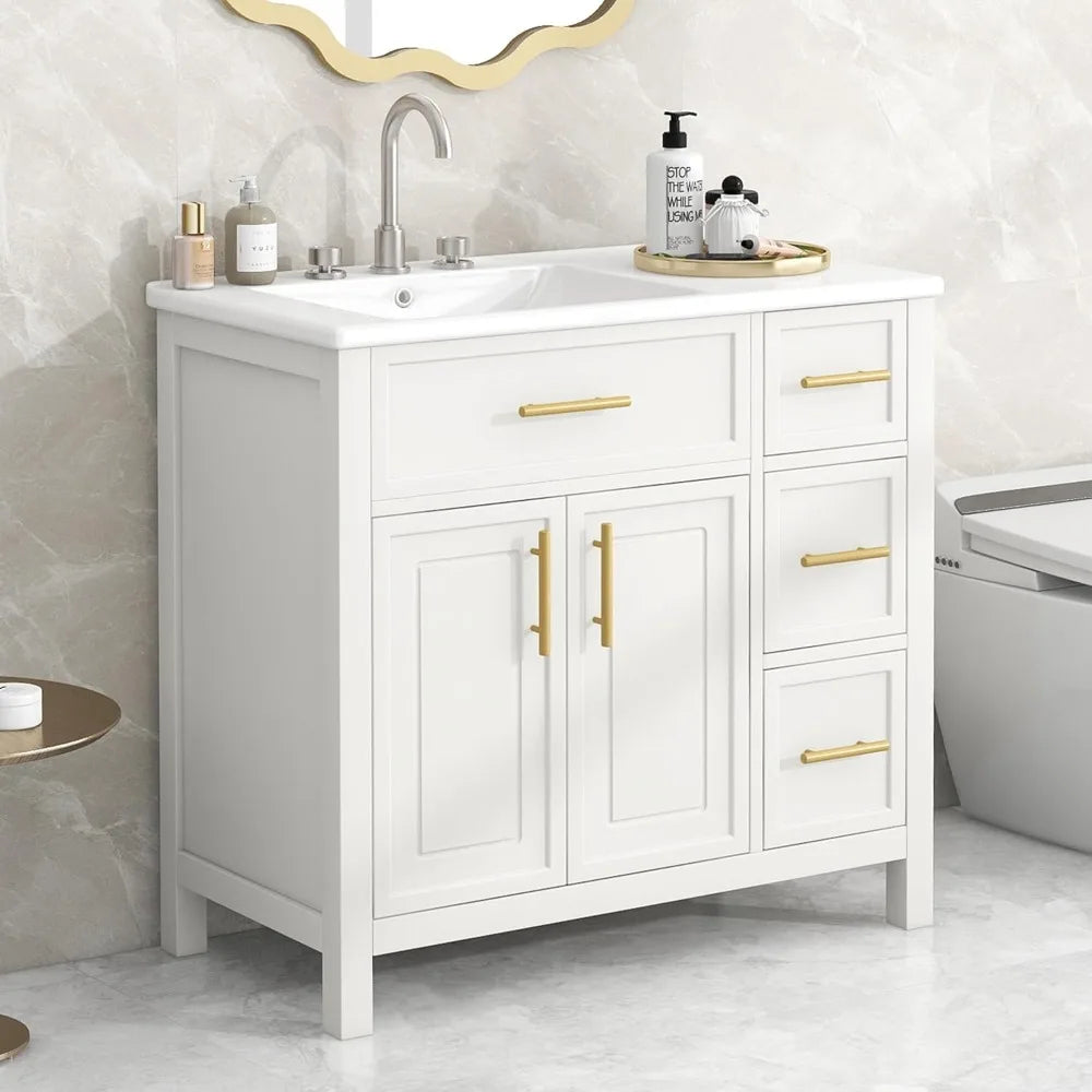 36" Bathroom Vanity with Offset Sink, Freestanding Bathroom Sink Cabinet with 3 Drawers & 2 Doors, Solid Wood Bathroom Vanity