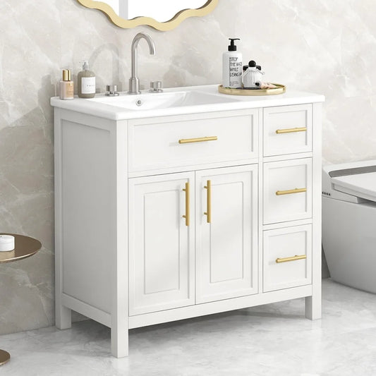 36" Bathroom Vanity with Offset Sink, Freestanding Bathroom Sink Cabinet with 3 Drawers & 2 Doors, Solid Wood Bathroom Vanity