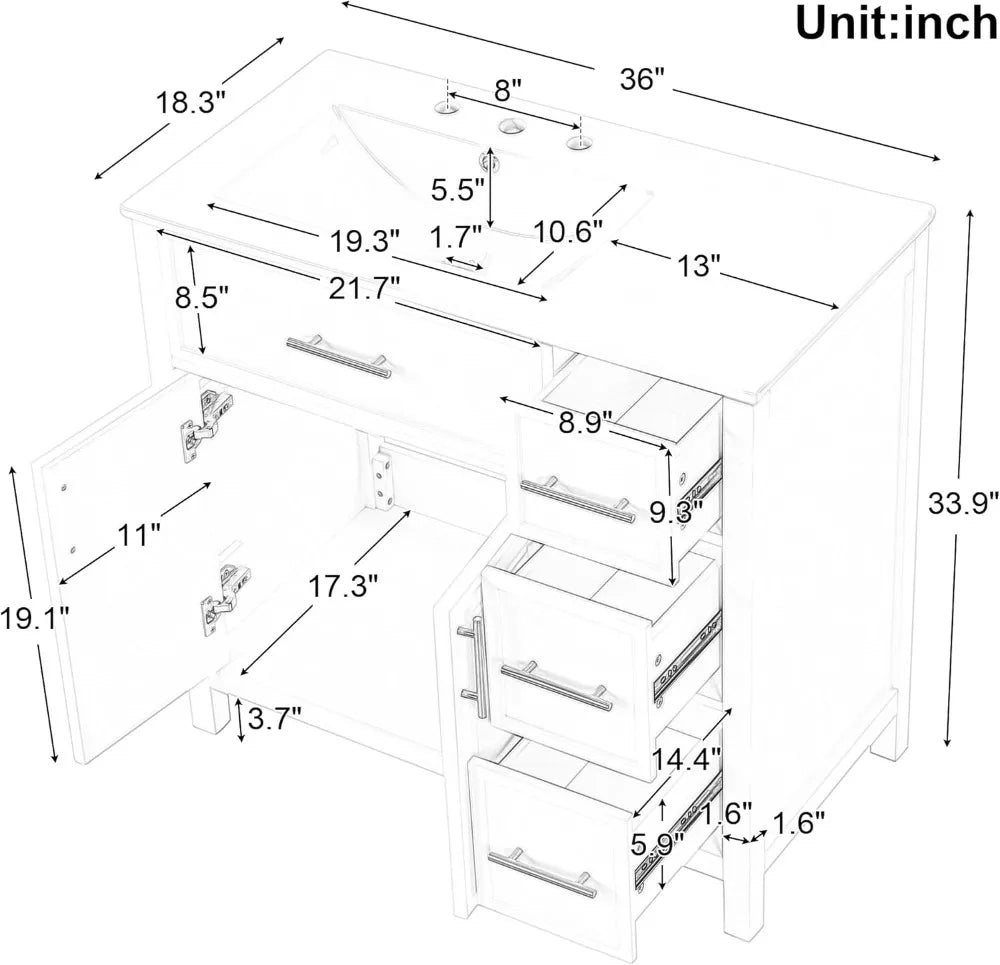 36" Bathroom Vanity with Offset Sink, Freestanding Bathroom Sink Cabinet with 3 Drawers & 2 Doors, Solid Wood Bathroom Vanity