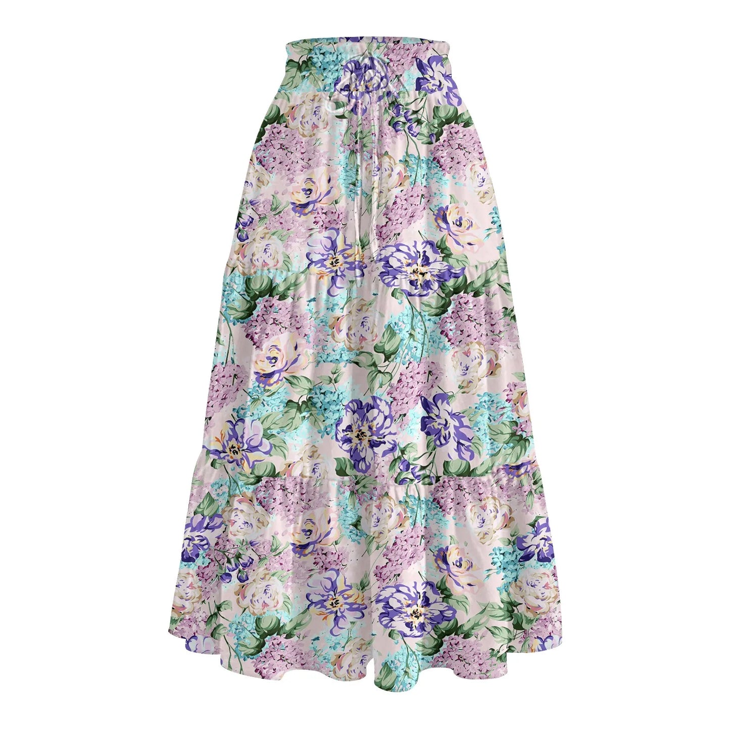 Womens Maxi Skirt Drawstring High Waisted Summer Long Skirts Lightweight Tiered Flowy Floral Pleated Skirts Vestidos Para Mujer