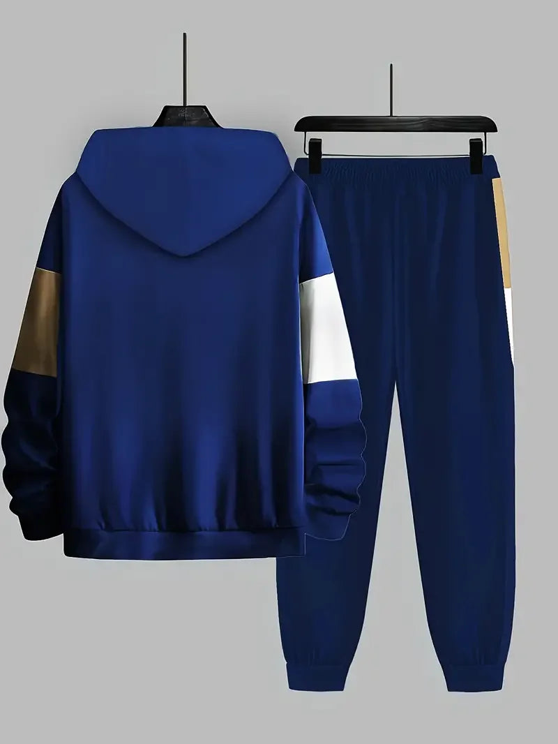 Large men's 2-piece set, contrasting hooded jacket and jogging pants set for spring, autumn, and winter, men's clothing